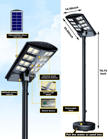 8000W High Power IP68 Waterproof Outdoor 6.5ft Pole, 3000K/4000K/6500K Solar Floor Lamps Dusk to Dawn Solar Security Lights