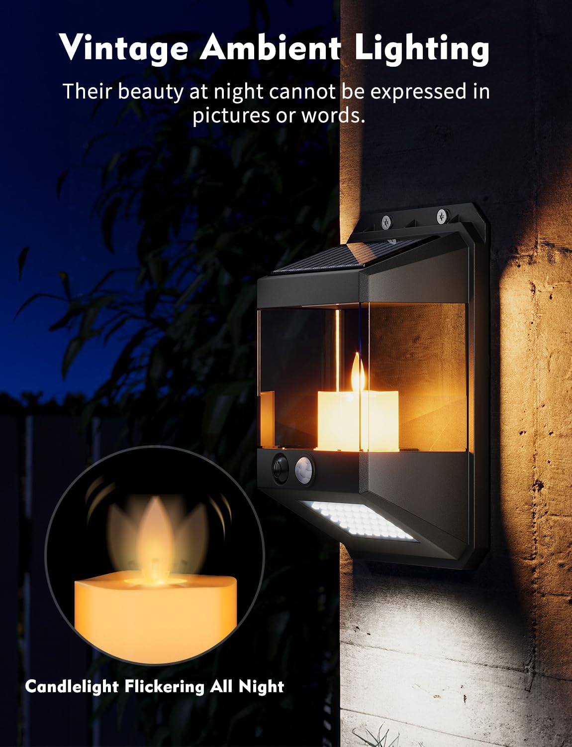 Dual-mode Solar Power Candlelight Fickering Outdoor Waterproof Solar Wall Lamp for House Garden Gate Pool