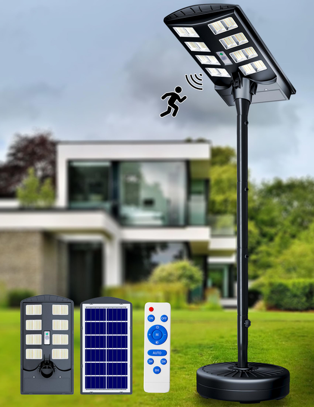 8000W High Power IP68 Waterproof Outdoor 6.5ft Pole, 3000K/4000K/6500K Solar Floor Lamps Dusk to Dawn Solar Security Lights