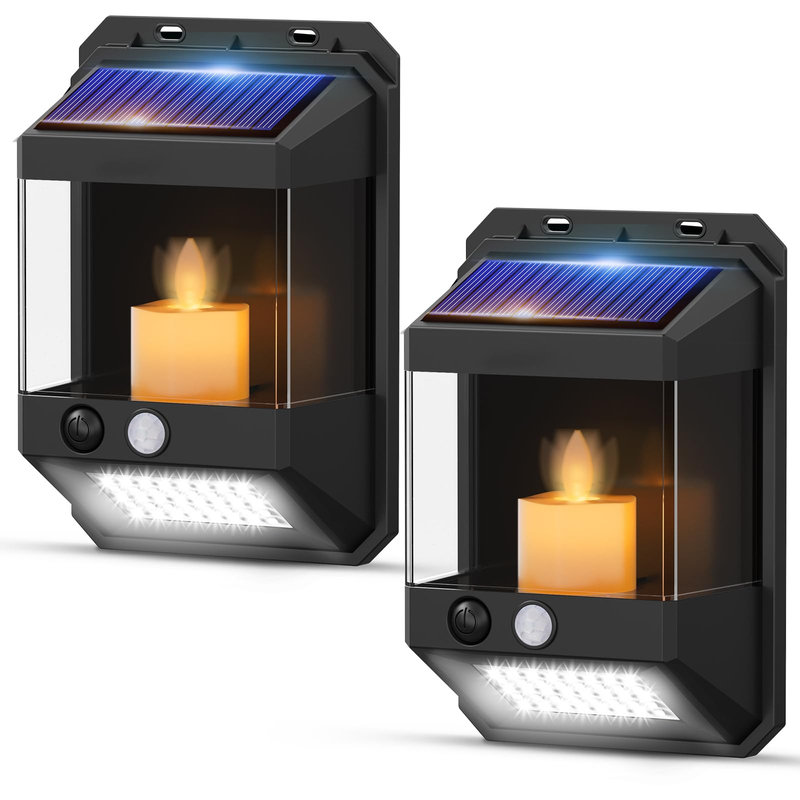Dual-mode Solar Power Candlelight Fickering Outdoor Waterproof Solar Wall Lamp for House Garden Gate Pool