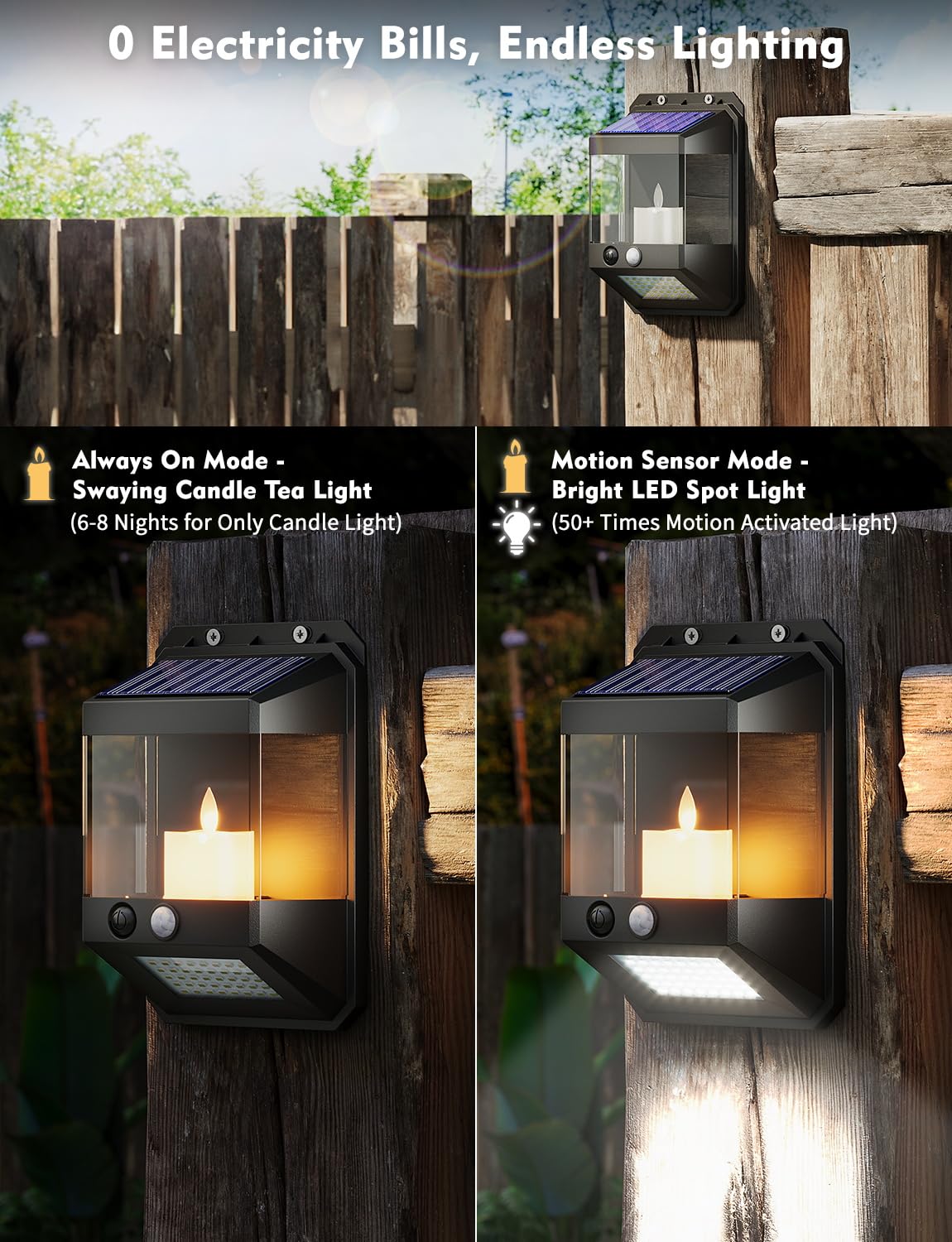 Dual-mode Solar Power Candlelight Fickering Outdoor Waterproof Solar Wall Lamp for House Garden Gate Pool