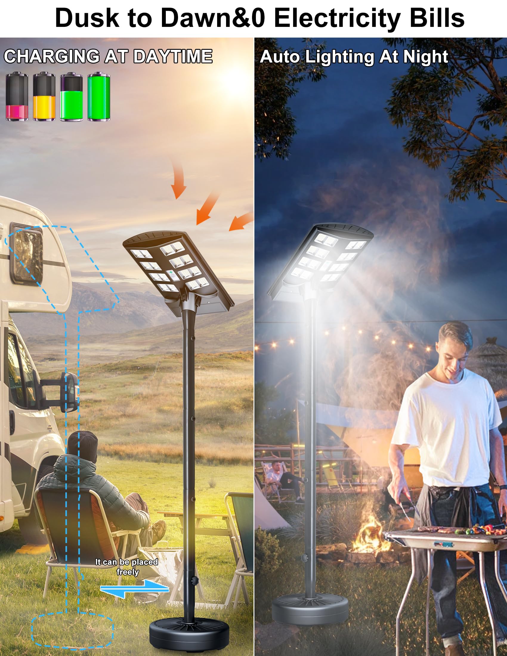 8000W High Power IP68 Waterproof Outdoor 6.5ft Pole, 3000K/4000K/6500K Solar Floor Lamps Dusk to Dawn Solar Security Lights